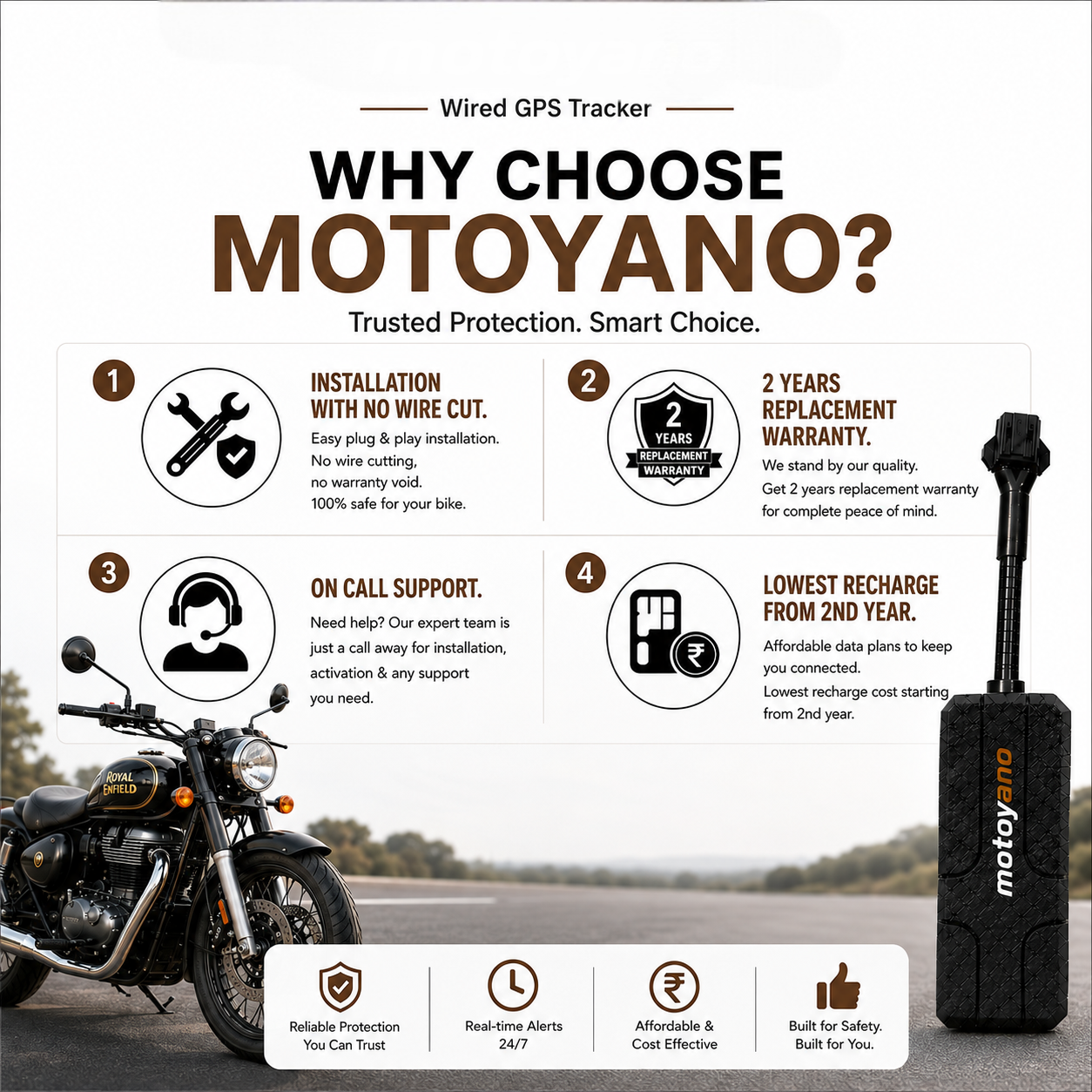 Motoyano GPS Tracker for Royal Enfield Bikes | With no wire cut Installation | 3 months Data | Remote Engine Lock | 2 years warranty | 1 Year Android & Web app