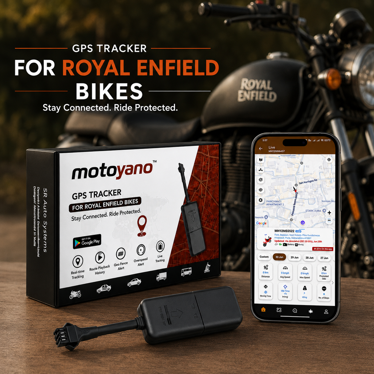 Motoyano GPS Tracker for Royal Enfield Bikes | With no wire cut Installation | 3 months Data | Remote Engine Lock | 2 years warranty | 1 Year Android & Web app