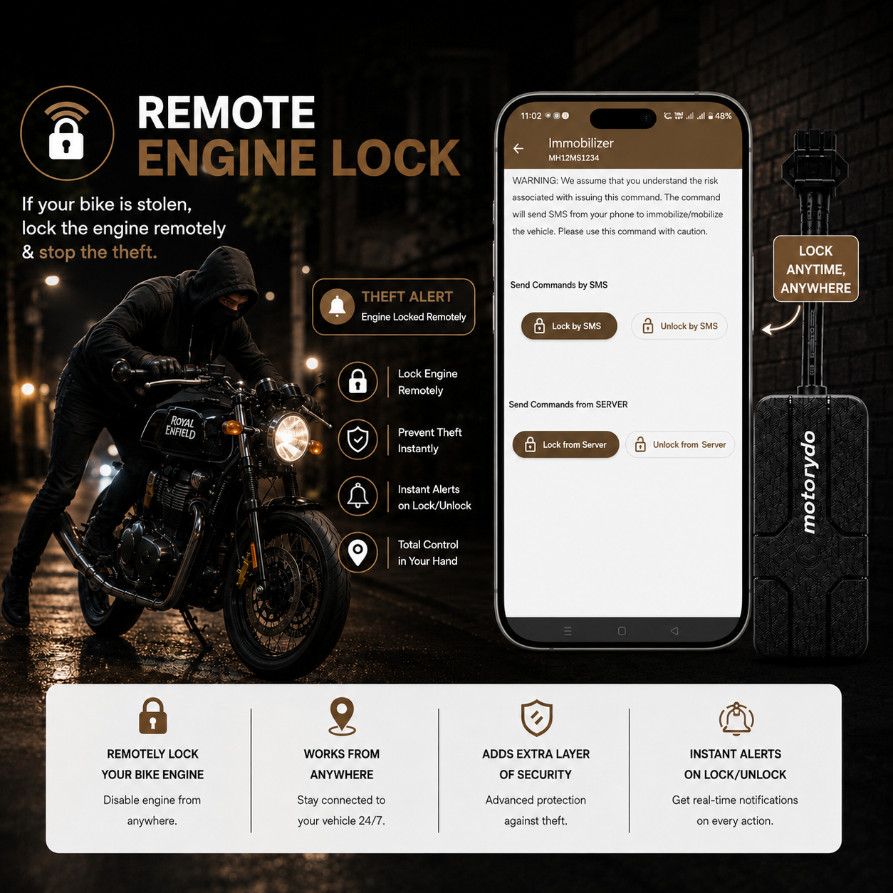 Motoyano GPS Tracker for Royal Enfield Bikes | With no wire cut Installation | 3 months Data | Remote Engine Lock | 2 years warranty | 1 Year Android & Web app